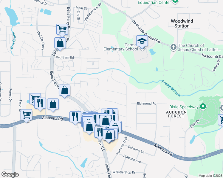map of restaurants, bars, coffee shops, grocery stores, and more near 412 Hunters Lane in Woodstock