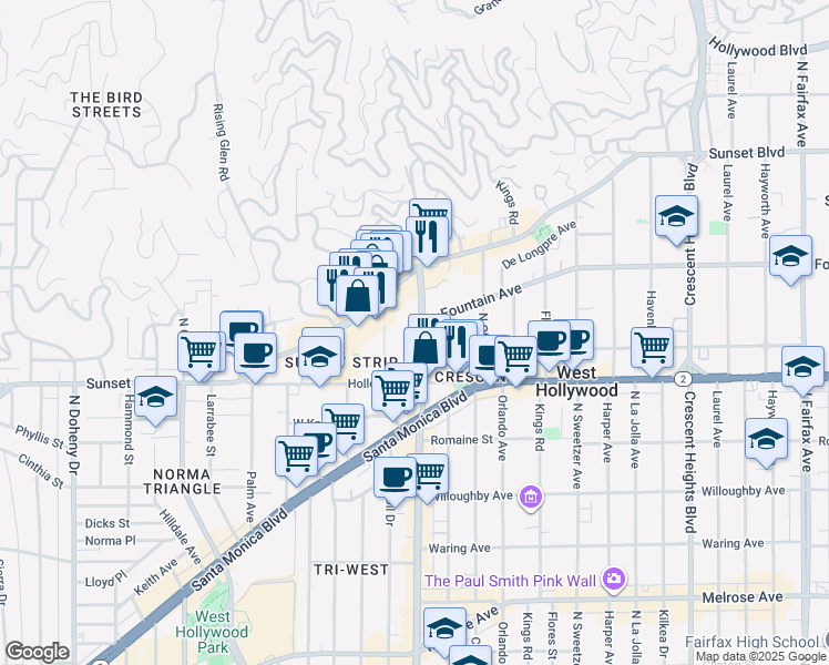 map of restaurants, bars, coffee shops, grocery stores, and more near 1155 La Cienega Boulevard in West Hollywood