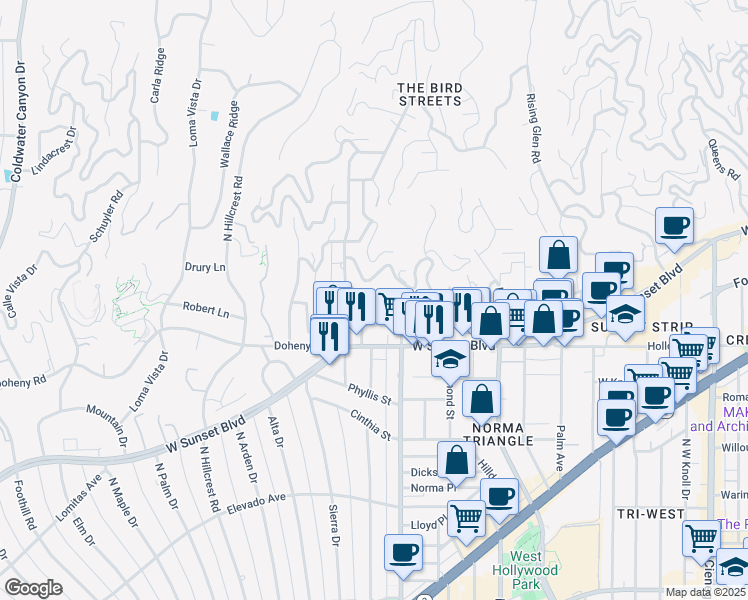 map of restaurants, bars, coffee shops, grocery stores, and more near 1168 North Doheny Drive in Los Angeles
