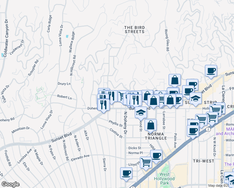 map of restaurants, bars, coffee shops, grocery stores, and more near 1154 North Doheny Drive in Los Angeles