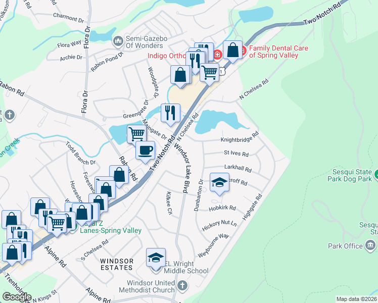 map of restaurants, bars, coffee shops, grocery stores, and more near 9866 Windsor Lake Boulevard in Columbia