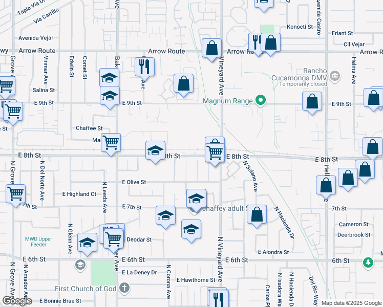 map of restaurants, bars, coffee shops, grocery stores, and more near 8782 East 8th Street in Ontario