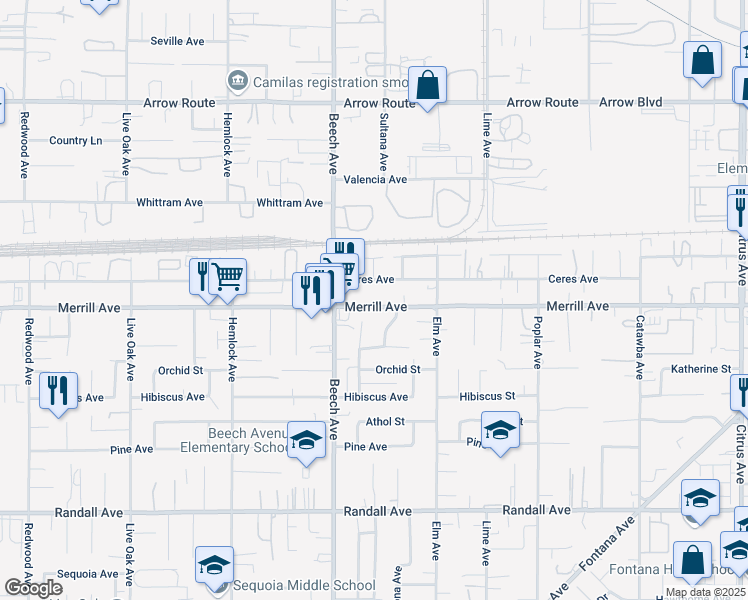 map of restaurants, bars, coffee shops, grocery stores, and more near 15380 Merrill Avenue in Fontana