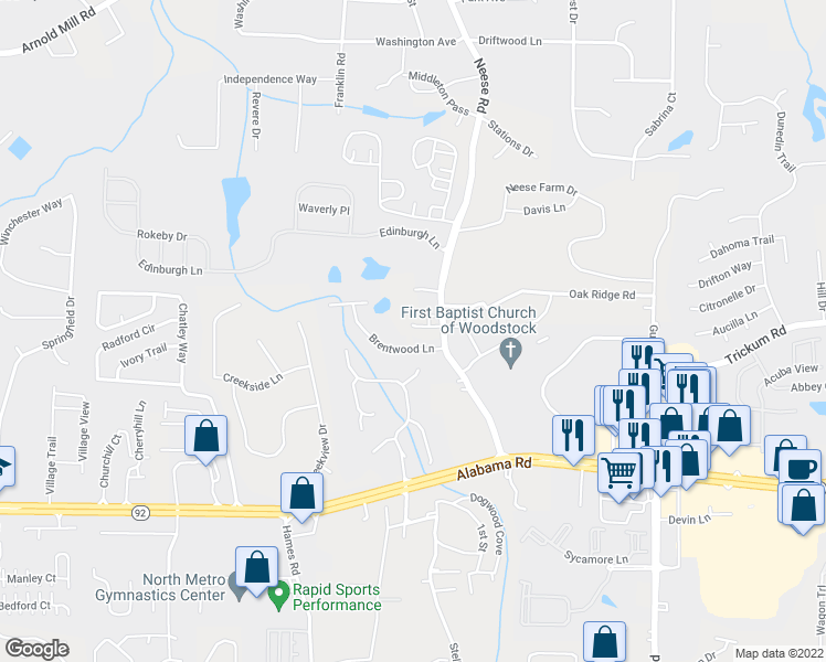 map of restaurants, bars, coffee shops, grocery stores, and more near 123 Via Roma in Woodstock