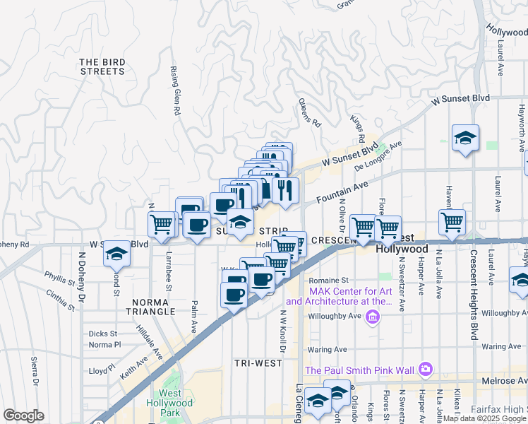 map of restaurants, bars, coffee shops, grocery stores, and more near 8590 Sunset Boulevard in West Hollywood