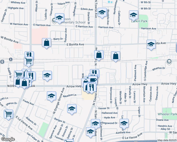 map of restaurants, bars, coffee shops, grocery stores, and more near 721 Ivory Lane in Pomona
