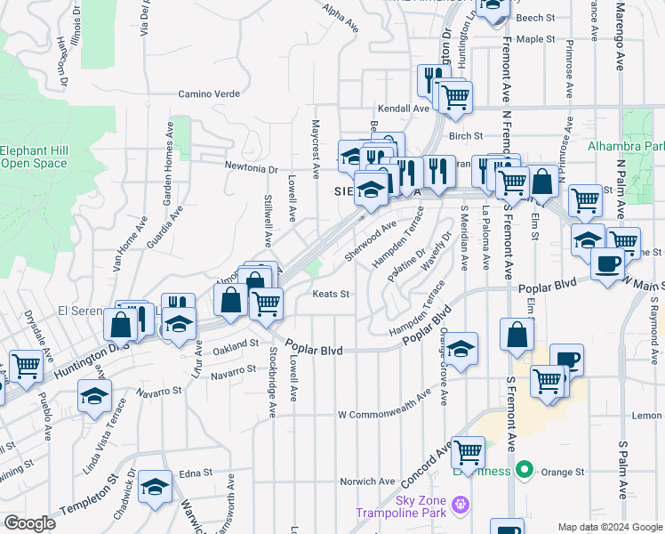 map of restaurants, bars, coffee shops, grocery stores, and more near 3227 Sherwood Avenue in Alhambra