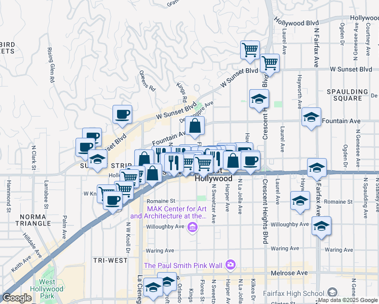 map of restaurants, bars, coffee shops, grocery stores, and more near 1222 Kings Road in West Hollywood