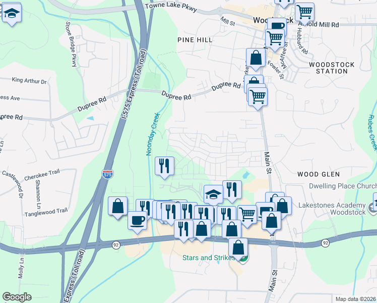map of restaurants, bars, coffee shops, grocery stores, and more near 506 Main Street in Woodstock