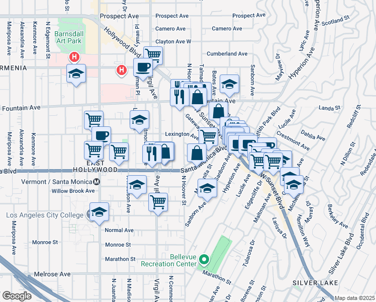 map of restaurants, bars, coffee shops, grocery stores, and more near 1148 North Hoover Street in Los Angeles