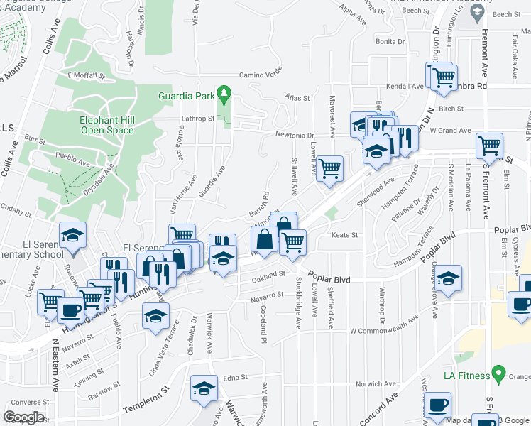 map of restaurants, bars, coffee shops, grocery stores, and more near 5321 Almont Street in Los Angeles
