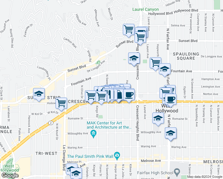 map of restaurants, bars, coffee shops, grocery stores, and more near 8261 Norton Avenue in West Hollywood