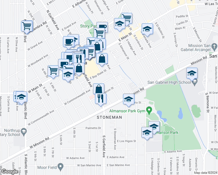map of restaurants, bars, coffee shops, grocery stores, and more near 121 East Beacon Street in Alhambra
