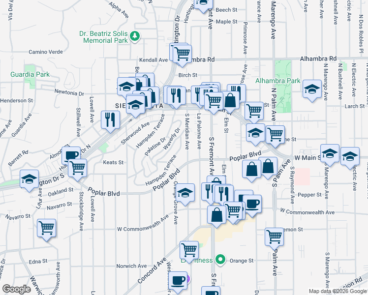 map of restaurants, bars, coffee shops, grocery stores, and more near 215 South Meridian Avenue in Alhambra