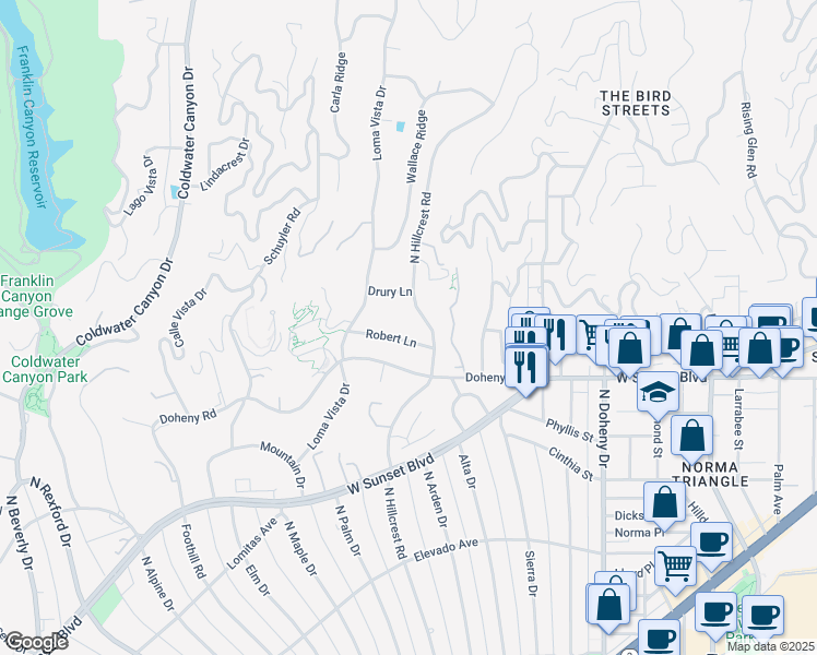 map of restaurants, bars, coffee shops, grocery stores, and more near 407 Robert Lane in Beverly Hills