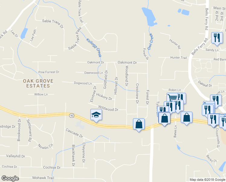 map of restaurants, bars, coffee shops, grocery stores, and more near 5669 Hillcrest Drive in Acworth
