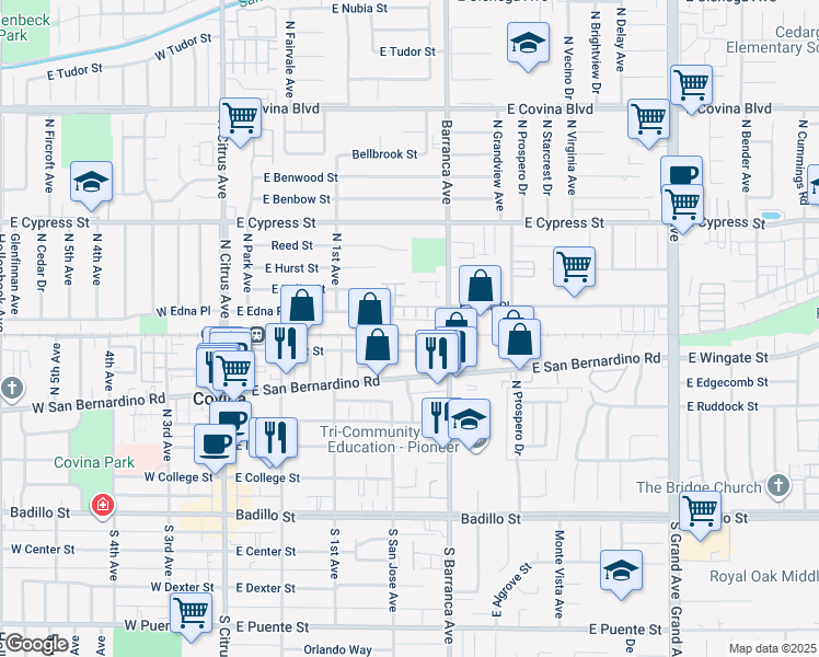 map of restaurants, bars, coffee shops, grocery stores, and more near 639 Barranca Avenue in Covina