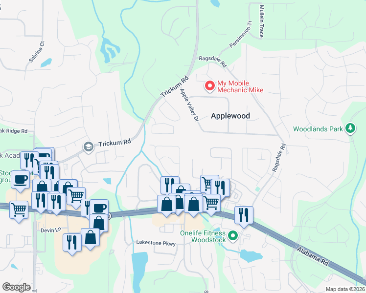 map of restaurants, bars, coffee shops, grocery stores, and more near 185 Village Trace in Woodstock