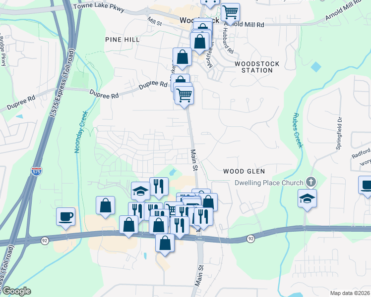 map of restaurants, bars, coffee shops, grocery stores, and more near 111 Brighton Boulevard in Woodstock