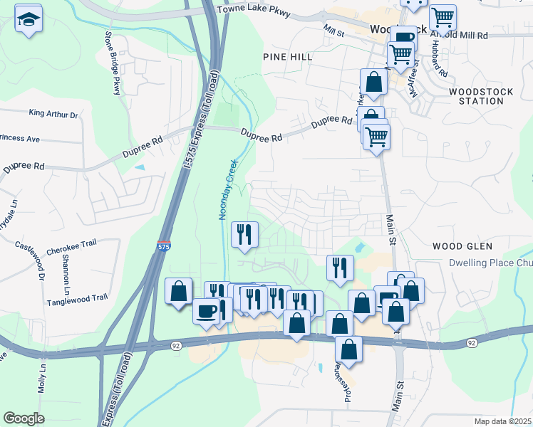 map of restaurants, bars, coffee shops, grocery stores, and more near 4006 Moody Lane in Woodstock