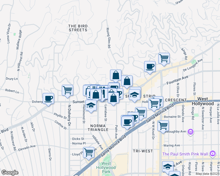 map of restaurants, bars, coffee shops, grocery stores, and more near 1136 Larrabee Street in West Hollywood