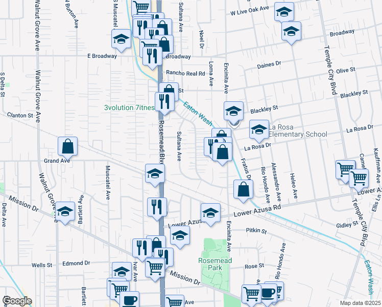 map of restaurants, bars, coffee shops, grocery stores, and more near 5065 Sereno Drive in Temple City