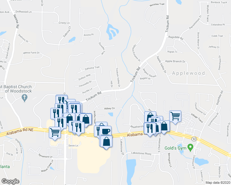 map of restaurants, bars, coffee shops, grocery stores, and more near 101-109 Love Lane in Woodstock
