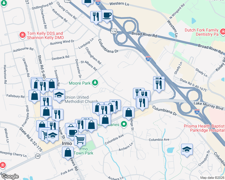 map of restaurants, bars, coffee shops, grocery stores, and more near 7518 Eastview Drive in Irmo