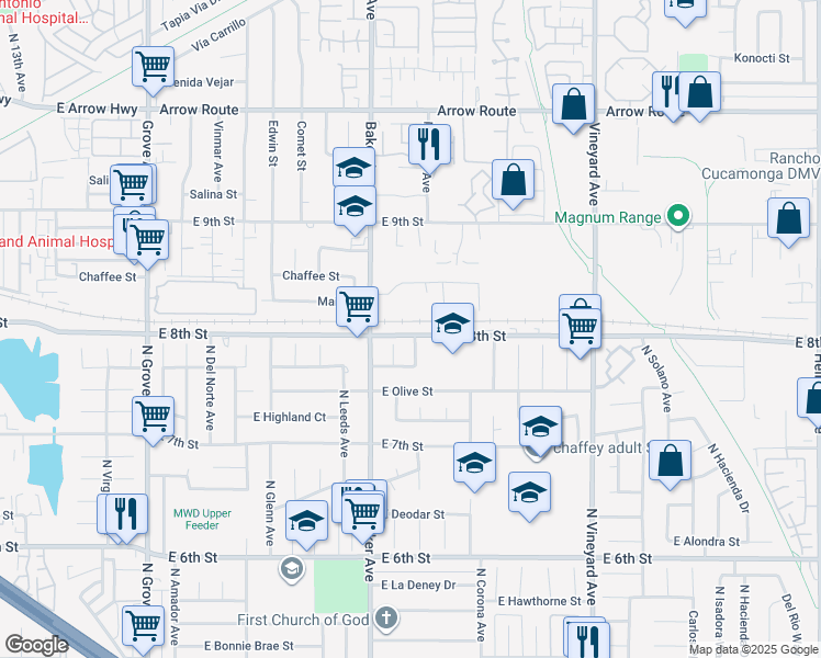 map of restaurants, bars, coffee shops, grocery stores, and more near 8560 8th Street in Rancho Cucamonga