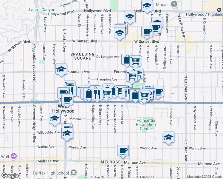 map of restaurants, bars, coffee shops, grocery stores, and more near 1168 North Curson Avenue in West Hollywood