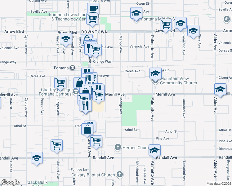 map of restaurants, bars, coffee shops, grocery stores, and more near 17073 Merrill Avenue in Fontana
