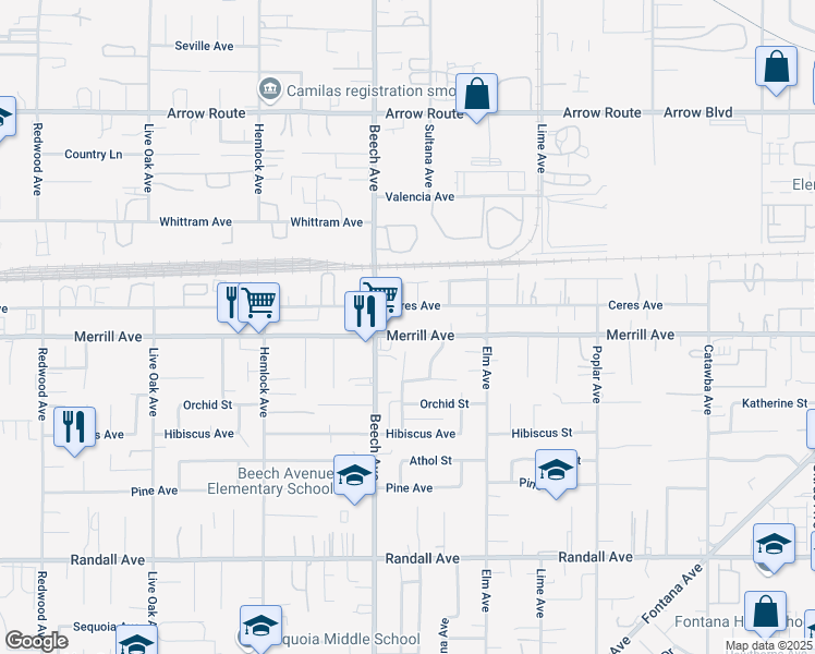 map of restaurants, bars, coffee shops, grocery stores, and more near 15380 Merrill Avenue in Fontana