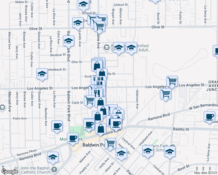 map of restaurants, bars, coffee shops, grocery stores, and more near 14526 Los Angeles Street in Baldwin Park