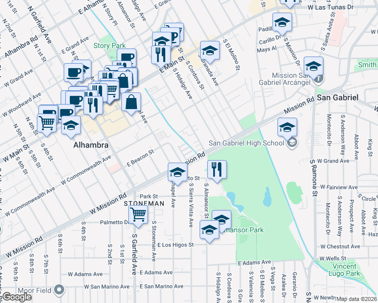 map of restaurants, bars, coffee shops, grocery stores, and more near 510 San Pasqual Drive in Alhambra