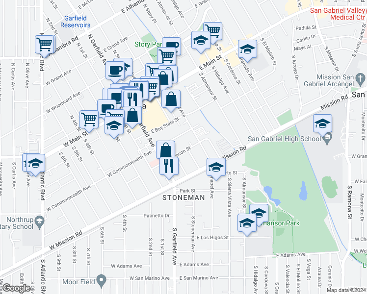 map of restaurants, bars, coffee shops, grocery stores, and more near 120 East Beacon Street in Alhambra