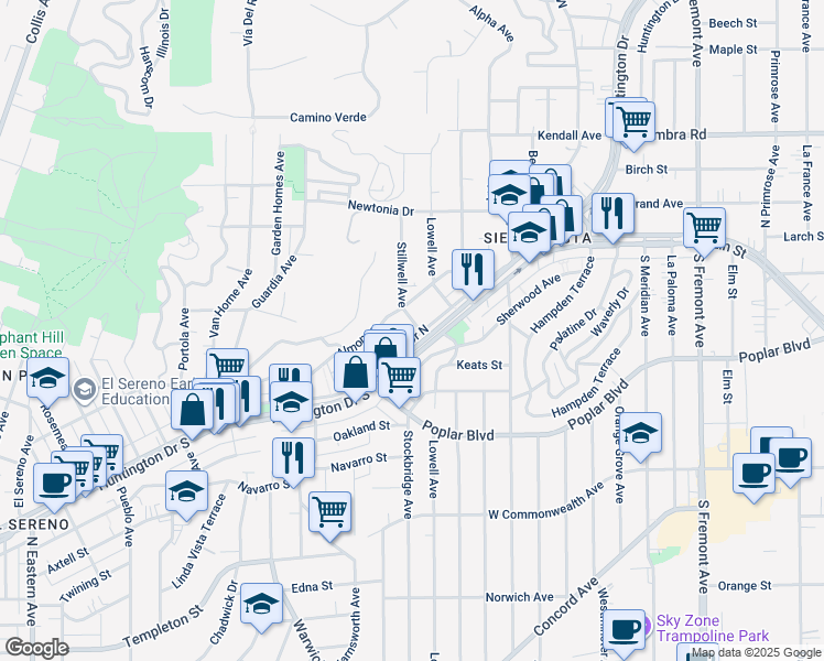 map of restaurants, bars, coffee shops, grocery stores, and more near 5361 Huntington Drive North in Los Angeles