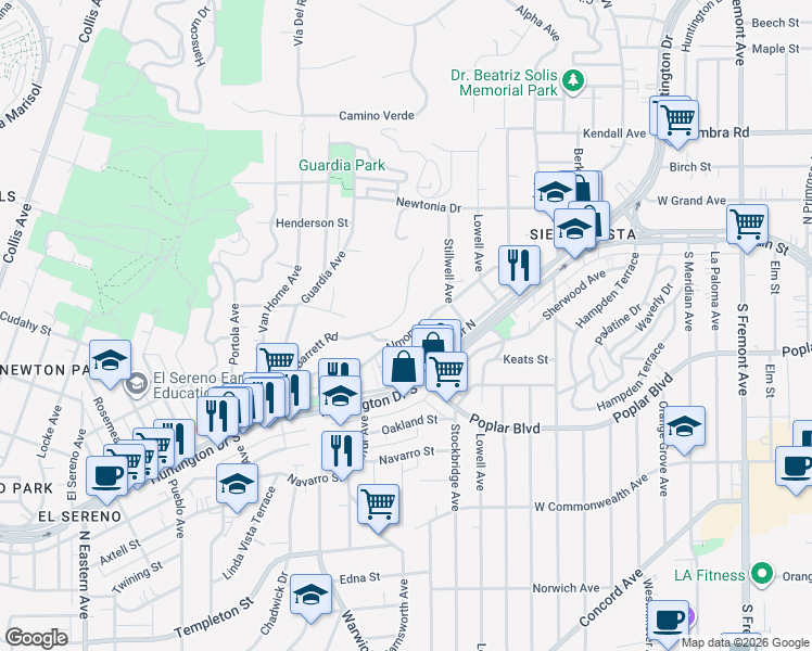 map of restaurants, bars, coffee shops, grocery stores, and more near 5321 Almont Street in Los Angeles