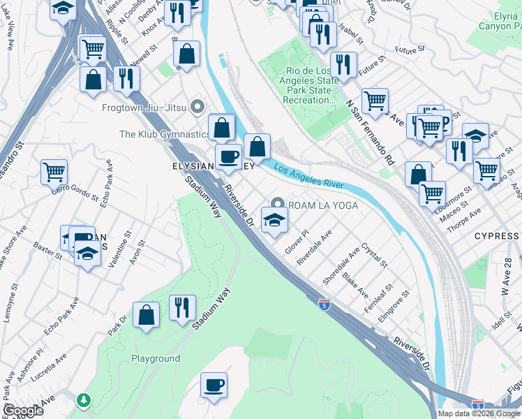 map of restaurants, bars, coffee shops, grocery stores, and more near 2334 Birkdale Street in Los Angeles
