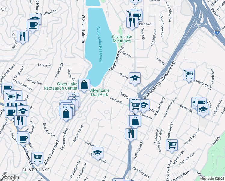 map of restaurants, bars, coffee shops, grocery stores, and more near 2345 Duane Street in Los Angeles