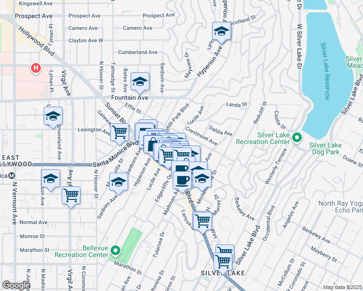 map of restaurants, bars, coffee shops, grocery stores, and more near 1644 Edgecliffe Drive in Los Angeles