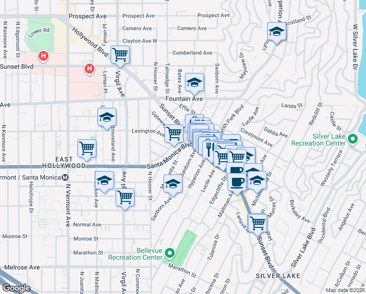 map of restaurants, bars, coffee shops, grocery stores, and more near 1071 Manzanita Street in Los Angeles
