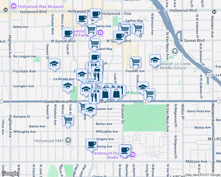 map of restaurants, bars, coffee shops, grocery stores, and more near 1138 North El Centro Avenue in Los Angeles