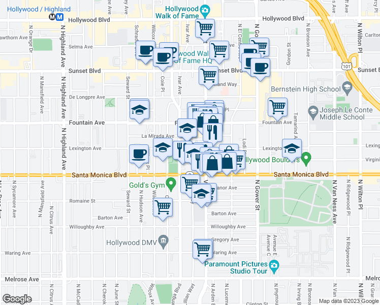 map of restaurants, bars, coffee shops, grocery stores, and more near 1138 Lillian Way in Los Angeles