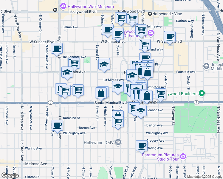 map of restaurants, bars, coffee shops, grocery stores, and more near 6446 Lexington Avenue in Los Angeles