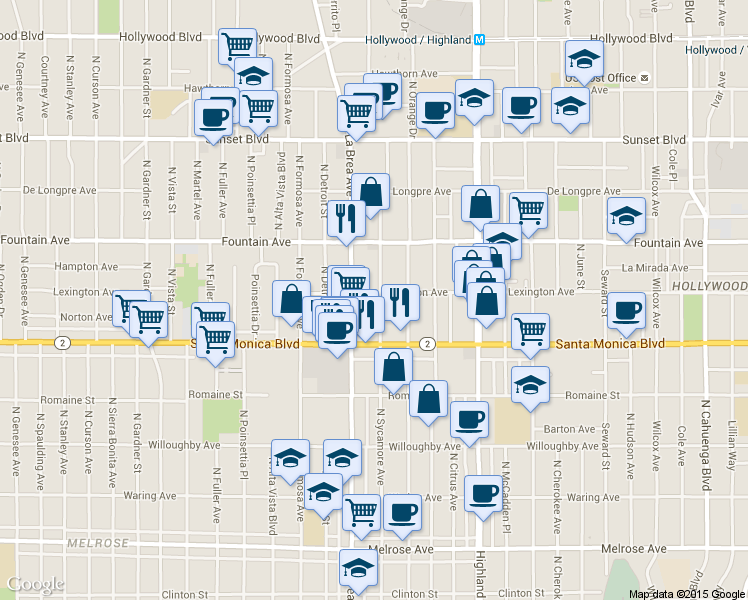 map of restaurants, bars, coffee shops, grocery stores, and more near 1142 North Sycamore Avenue in Los Angeles