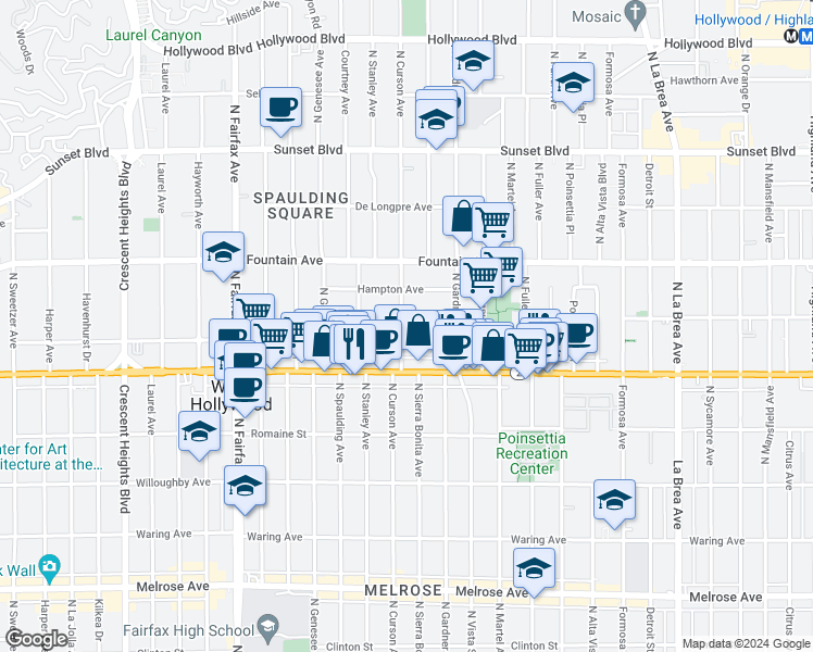 map of restaurants, bars, coffee shops, grocery stores, and more near 7551 Norton Avenue in West Hollywood