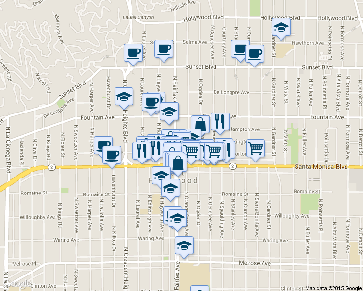 map of restaurants, bars, coffee shops, grocery stores, and more near 1145 North Orange Grove Avenue in West Hollywood