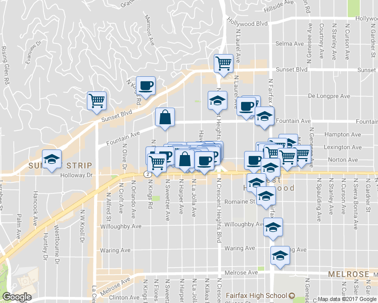 map of restaurants, bars, coffee shops, grocery stores, and more near 8213 Norton Avenue in West Hollywood
