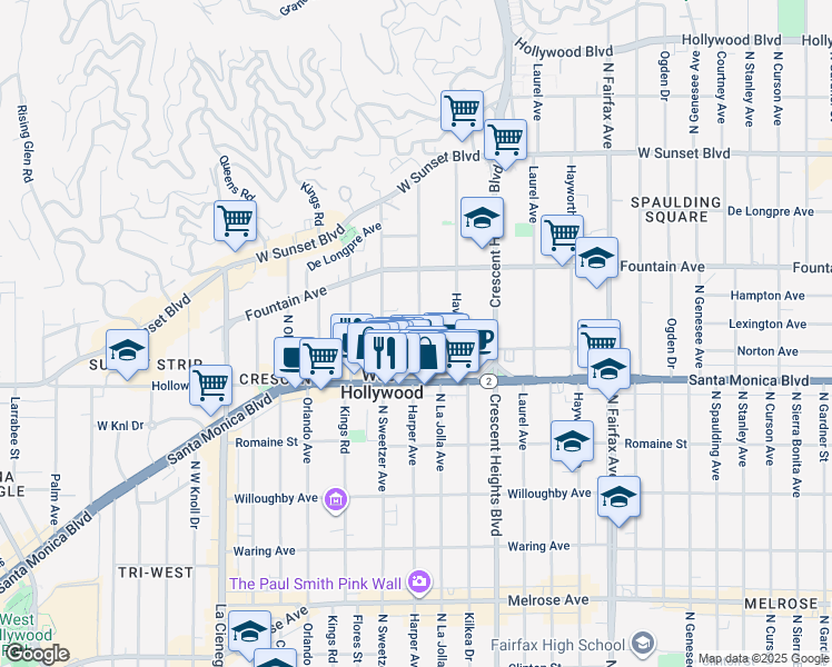 map of restaurants, bars, coffee shops, grocery stores, and more near 8261 Norton Avenue in West Hollywood