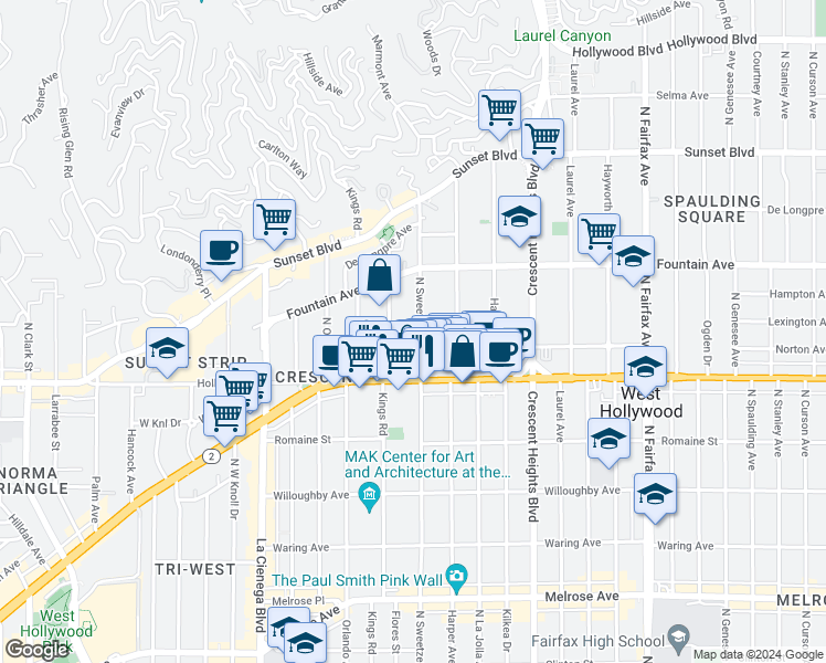 map of restaurants, bars, coffee shops, grocery stores, and more near 1210 North Flores Street in West Hollywood